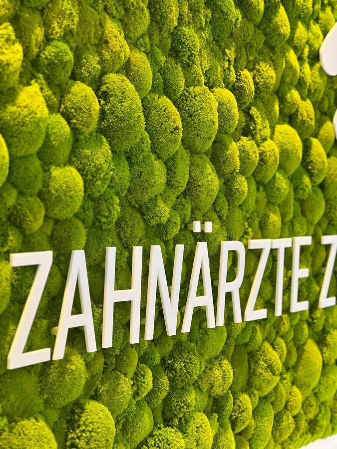 Wandbegrünung aus Moos mit dem Schriftzug Zahnärzte