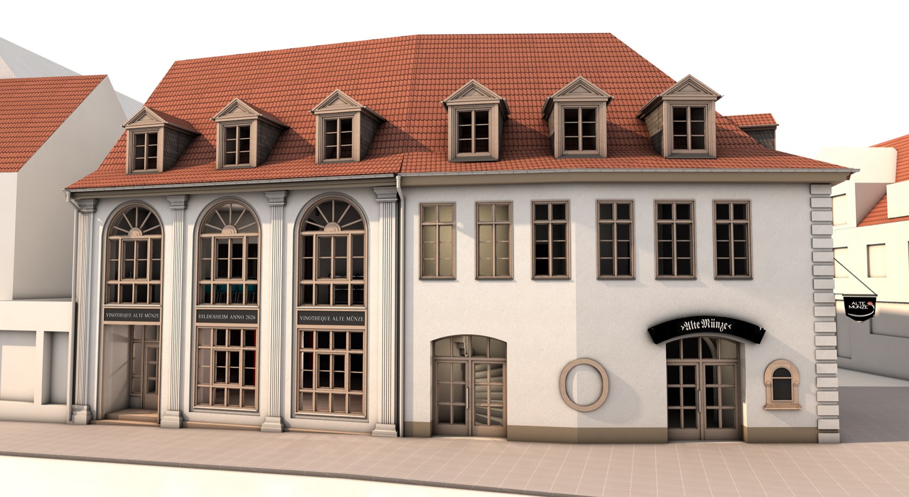 Planung für die Alte Münze in Hildesheim: sanierte Fassade mit Rundbogenfenstern, Gauben und Vinothek im Erdgeschoss