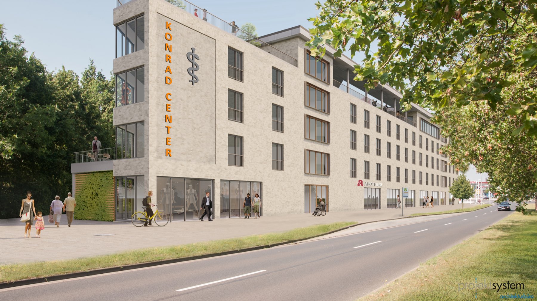 Visualisierung des Konrad Centers: langgestrecktes Geschäfts- und Wohnhaus mit hellem Klinker, Läden im Erdgeschoss und Dachterrasse